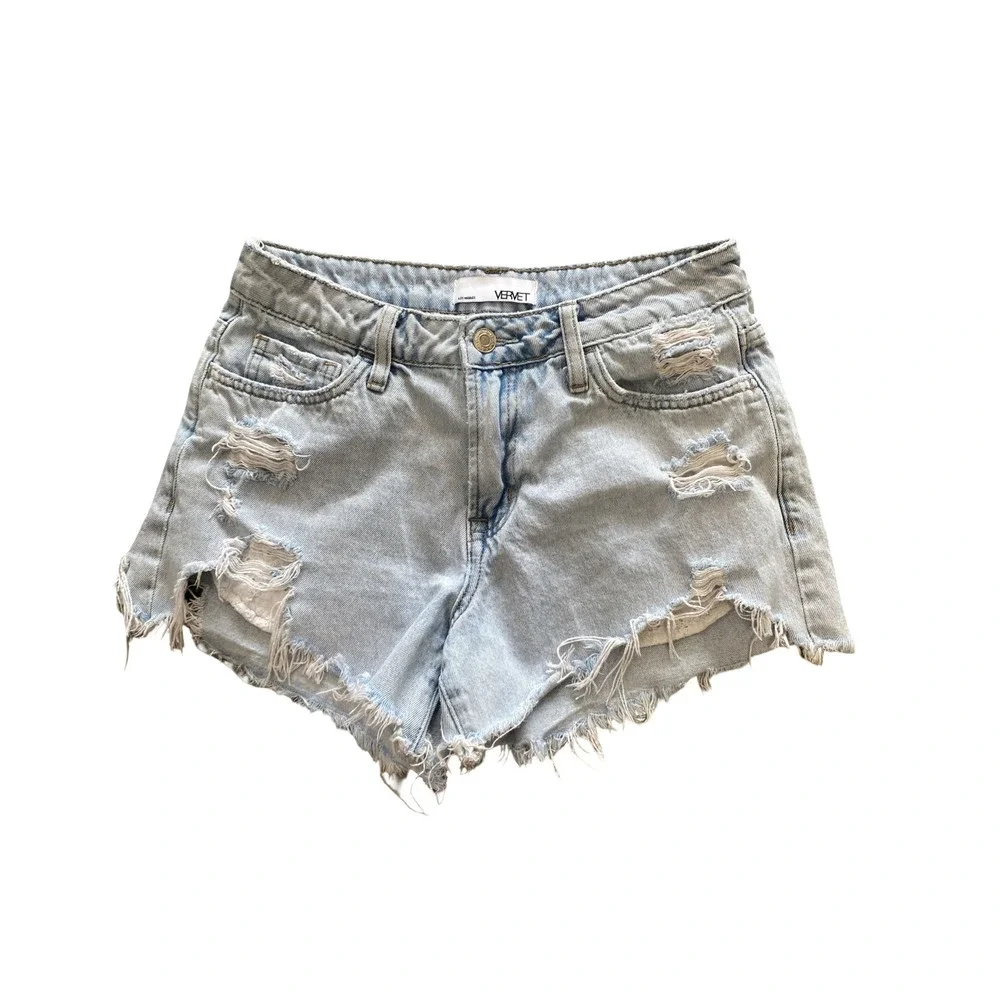Vervet Distressed Denim Jean Shorts‎ Light Wash Eyelet High Rise Casual Summer